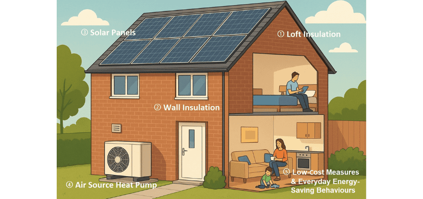 Graphic of cutaway house showing five different points of home improvement energy saving measures.