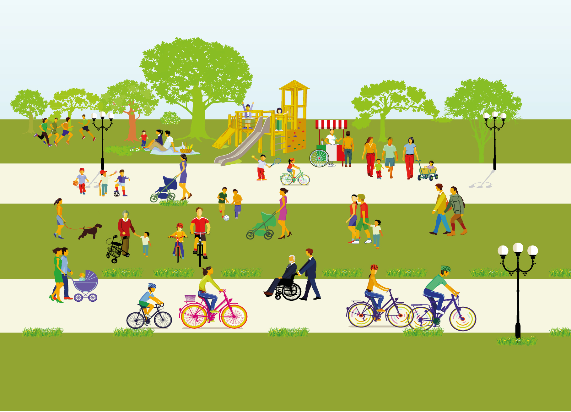 Graphic showing a range of people enjoying different leisure activities in a park-like setting
